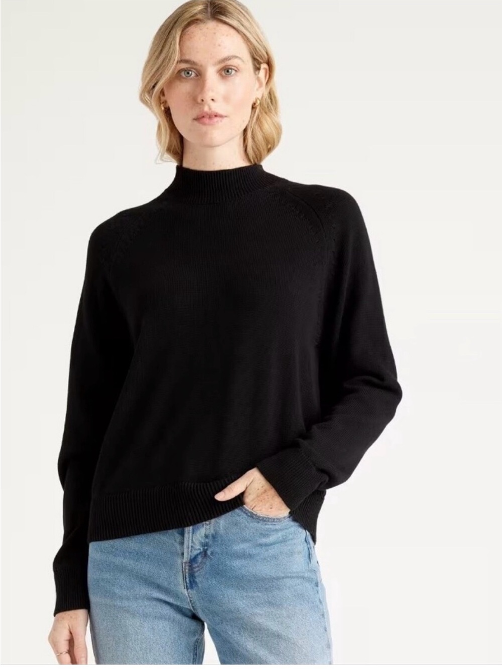 Quince Black Mock Neck Long Sleeve Organic Cotton Sweater